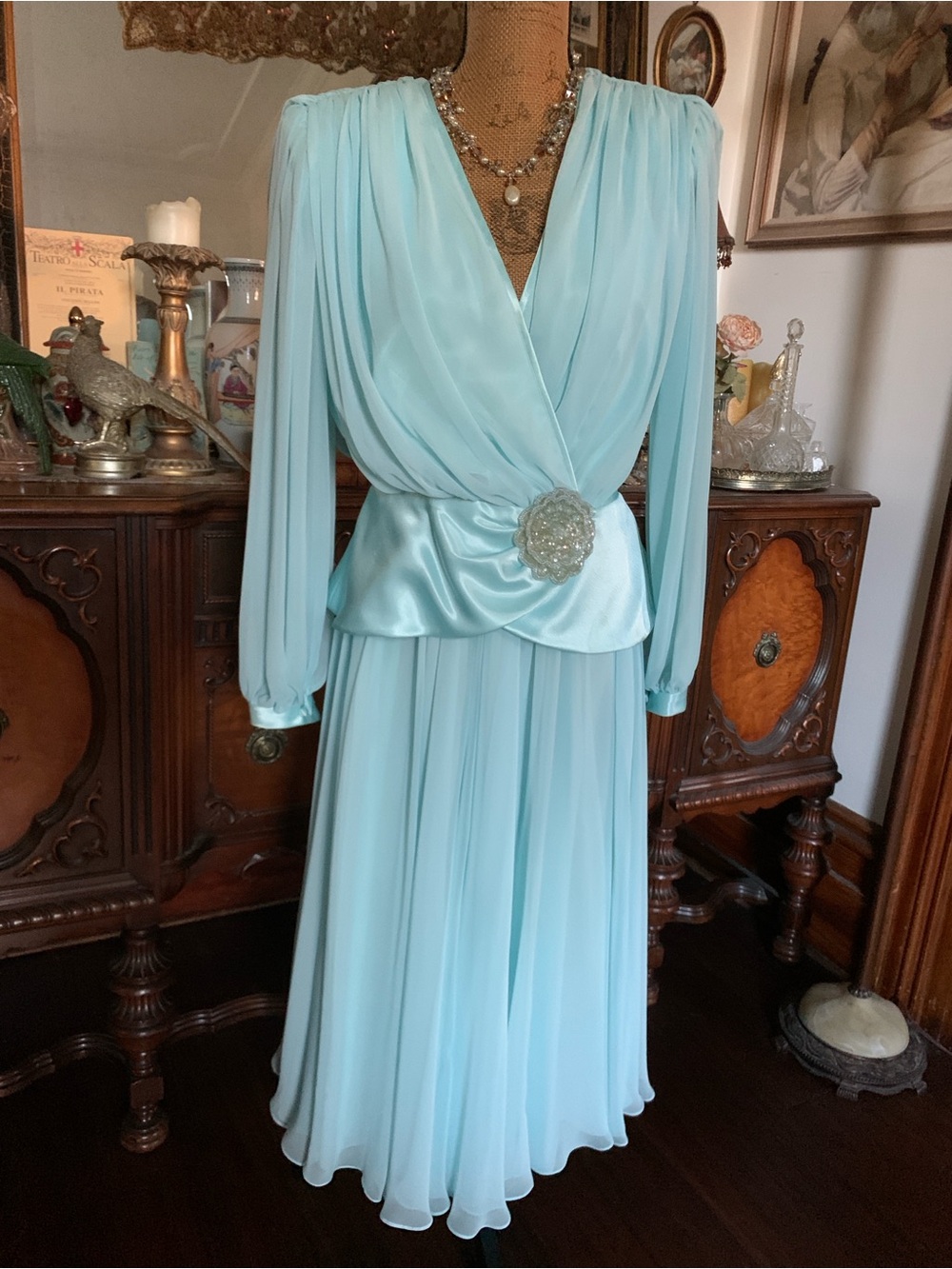 Vintage Romantic 80's Aqua Chiffon 2-Piece Blouse with Sparkle Detail & Skirt
